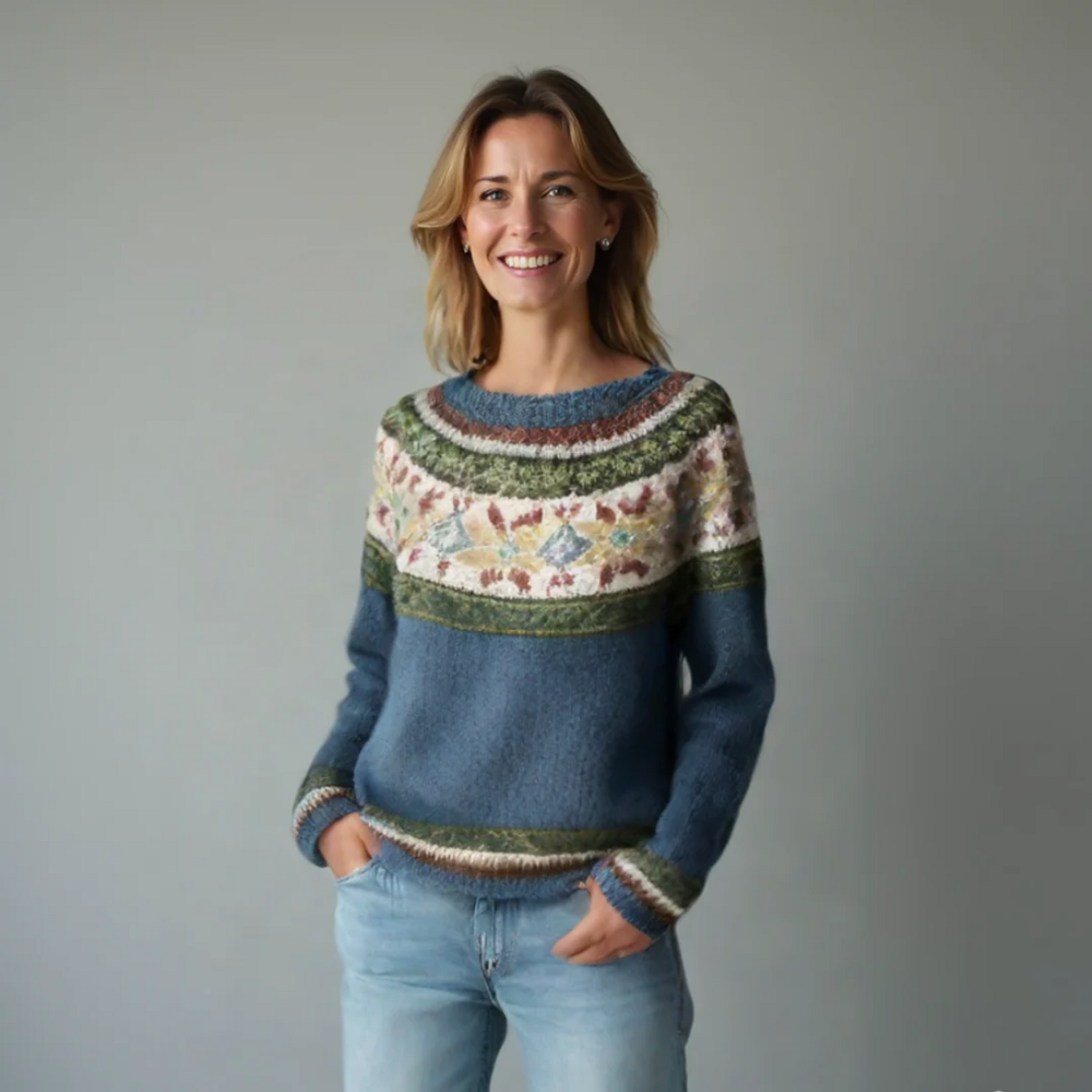 Women's long sleeve sweater with wide neckline and patterned bands in a straight silhouette