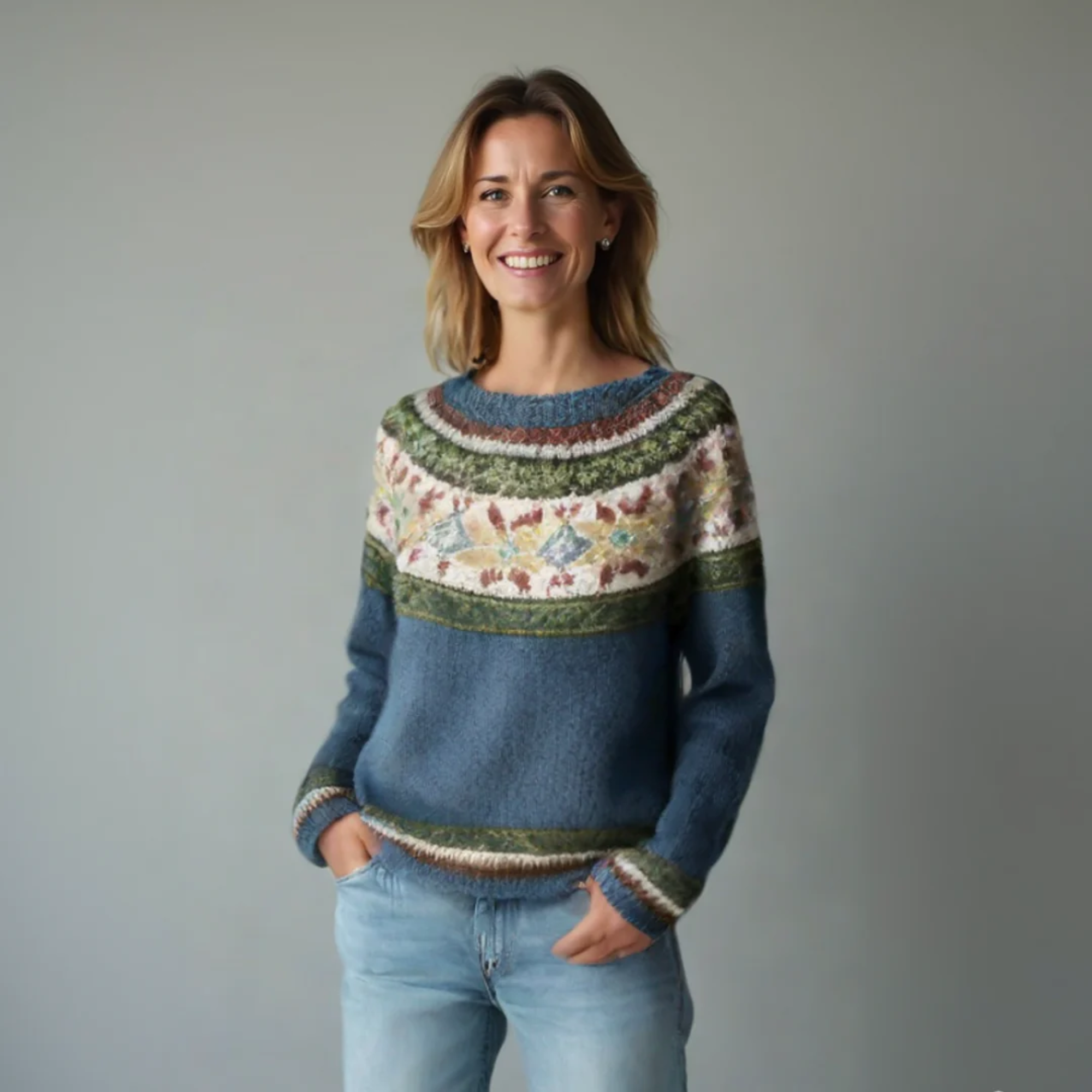 Women's long sleeve sweater with wide neckline and patterned bands in a straight silhouette
