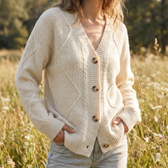 Cable knit button-front cardigan with long sleeves in soft neutral tones