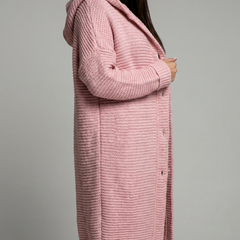 Women's hooded oversized chunky knit cardigan with large buttons in a soft neutral shade