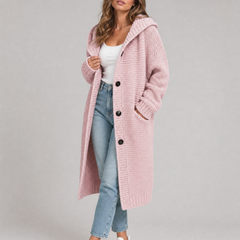 Women's hooded oversized chunky knit cardigan with large buttons in a soft neutral shade