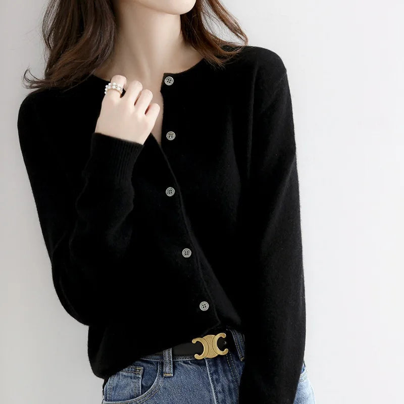 Soft button-front knit cardigan with round neckline in a flattering everyday silhouette