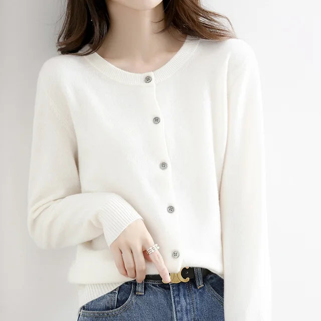 Soft button-front knit cardigan with round neckline in a flattering everyday silhouette
