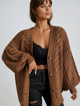 Oversized cable knit cardigan with dropped shoulders, slouchy sleeves and ribbed trim