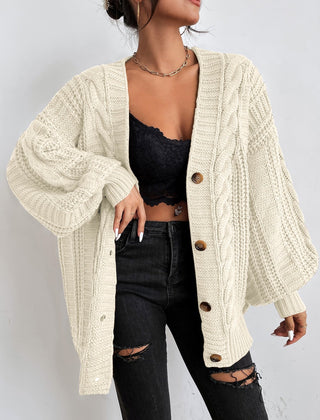 Oversized cable knit cardigan with dropped shoulders, slouchy sleeves and ribbed trim