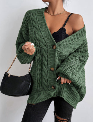 Oversized cable knit cardigan with dropped shoulders, slouchy sleeves and ribbed trim