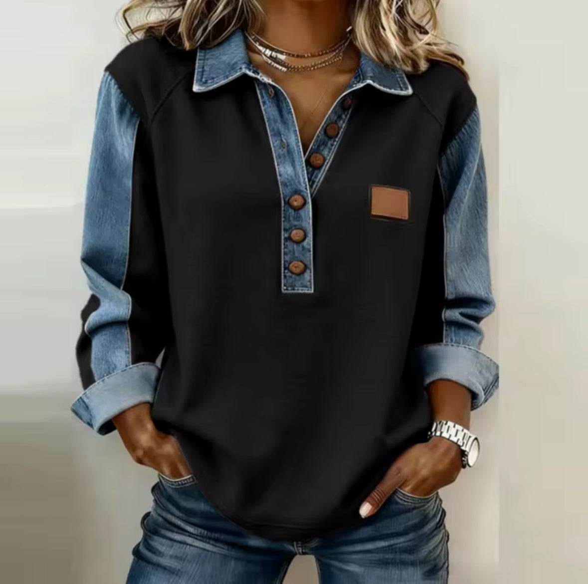 Women's knit pullover with denim-style collar, button-front placket and raglan sleeves