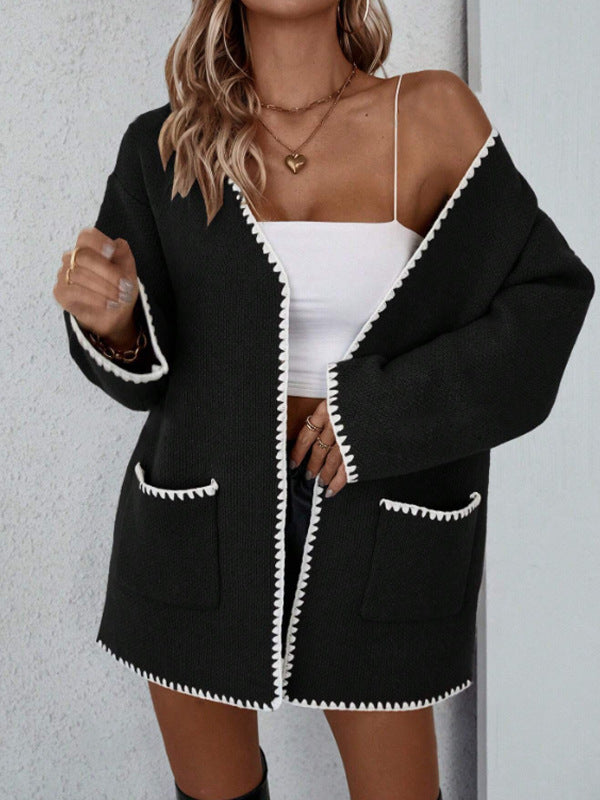 Open front long sleeve knit cardigan with front pockets in a relaxed drape