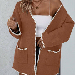 Open front long sleeve knit cardigan with front pockets in a relaxed drape