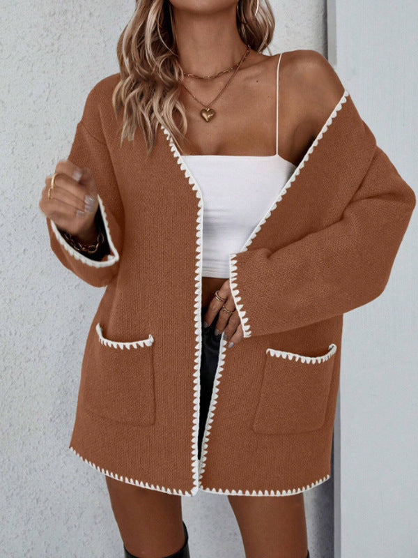 Open front long sleeve knit cardigan with front pockets in a relaxed drape