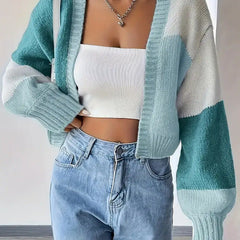 Cropped colour block button-front knit cardigan with long sleeves