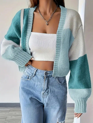 Cropped colour block button-front knit cardigan with long sleeves
