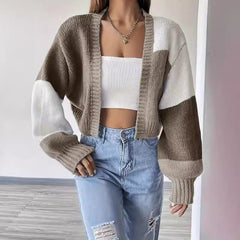 Cropped colour block button-front knit cardigan with long sleeves