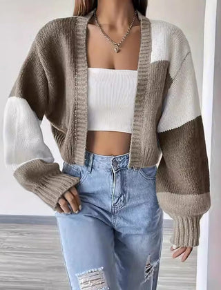 Cropped colour block button-front knit cardigan with long sleeves