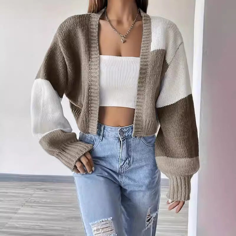 Cropped colour block button-front knit cardigan with long sleeves