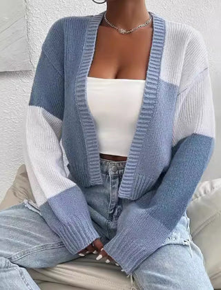 Cropped colour block button-front knit cardigan with long sleeves