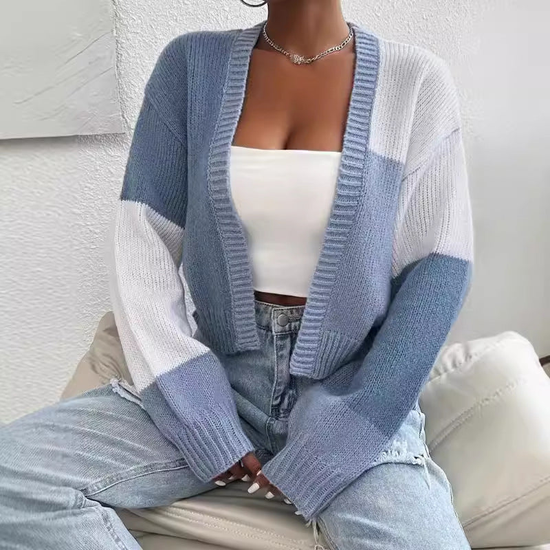 Cropped colour block button-front knit cardigan with long sleeves