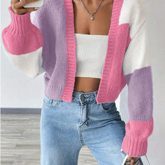 Cropped colour block button-front knit cardigan with long sleeves