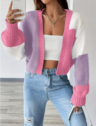 Cropped colour block button-front knit cardigan with long sleeves