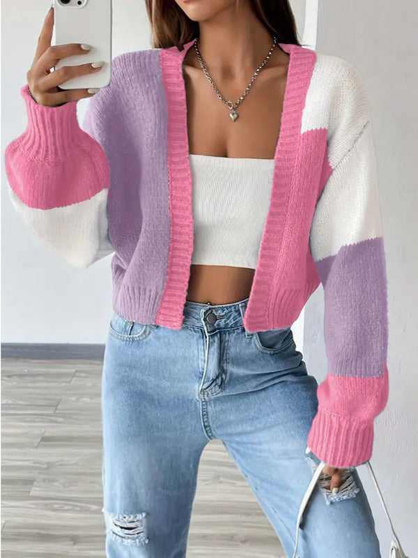 Cropped colour block button-front knit cardigan with long sleeves