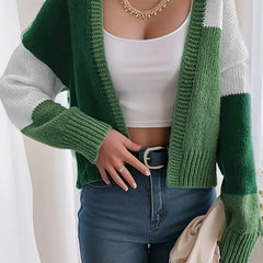 Cropped colour block button-front knit cardigan with long sleeves