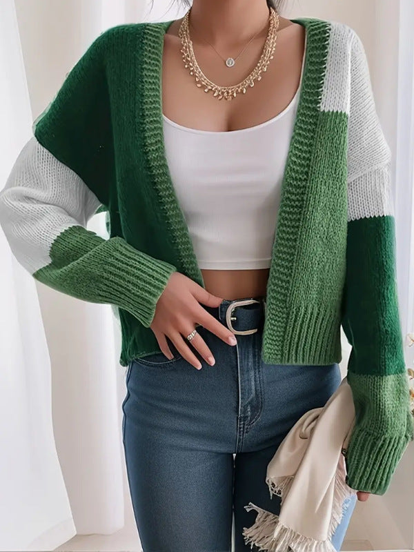 Cropped colour block button-front knit cardigan with long sleeves