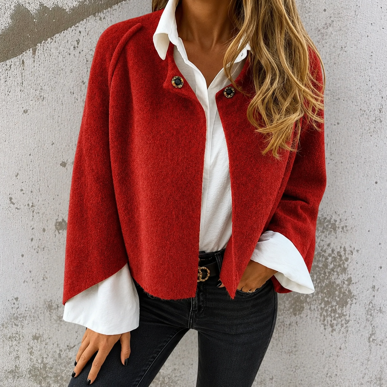 Woman wearing a soft cropped faux cashmere jacket with a snap front closure