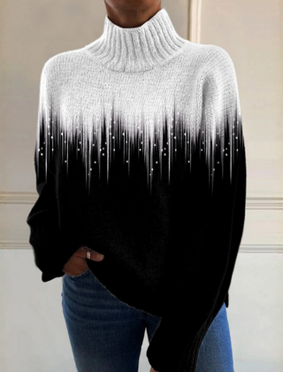 Black and white ribbed turtleneck sweater with a relaxed silhouette