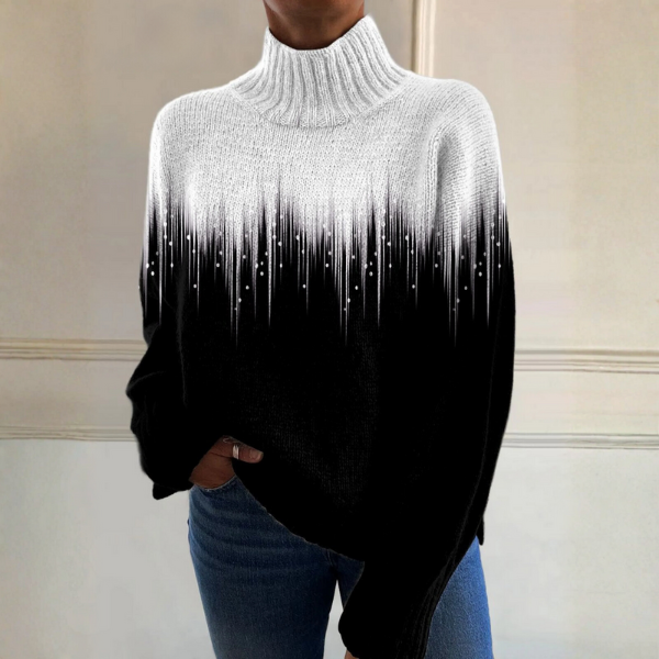 Black and white ribbed turtleneck sweater with a relaxed silhouette