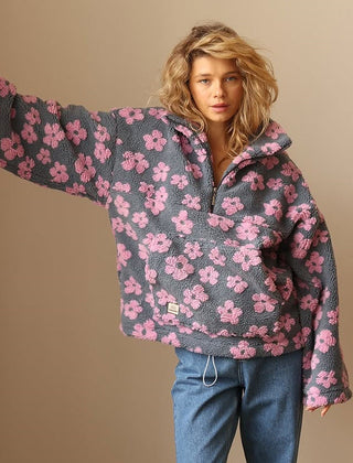 Women's floral quarter-zip sweater with stand collar and gathered cuffs in a relaxed fit