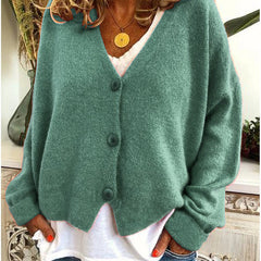 Women's V-neck button-front knit cardigan with long sleeves in a relaxed, slightly cropped fit
