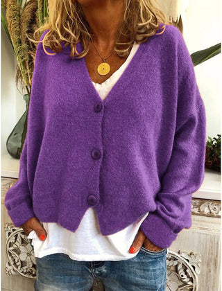 Women's V-neck button-front long sleeve cardigan with a relaxed hip-length fit