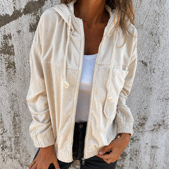 Natalie corduroy hooded zip-front jacket with side pockets and a relaxed fit