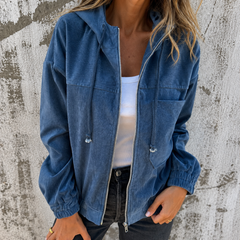 Natalie corduroy hooded zip-front jacket with side pockets and a relaxed fit