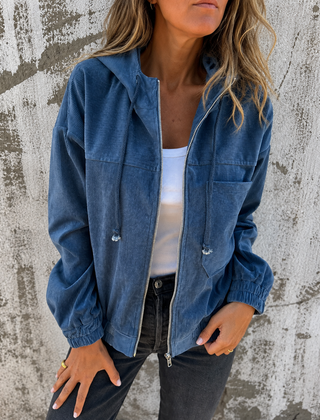 Natalie corduroy hooded zip-front jacket with side pockets and a relaxed fit
