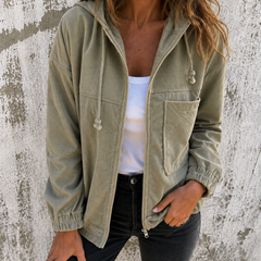Natalie corduroy hooded zip-front jacket with side pockets and a relaxed fit