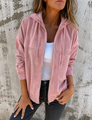 Natalie corduroy hooded zip-front jacket with side pockets and a relaxed fit