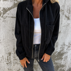 Natalie corduroy hooded zip-front jacket with side pockets and a relaxed fit