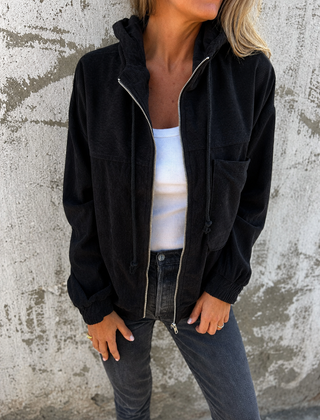 Natalie corduroy hooded zip-front jacket with side pockets and a relaxed fit