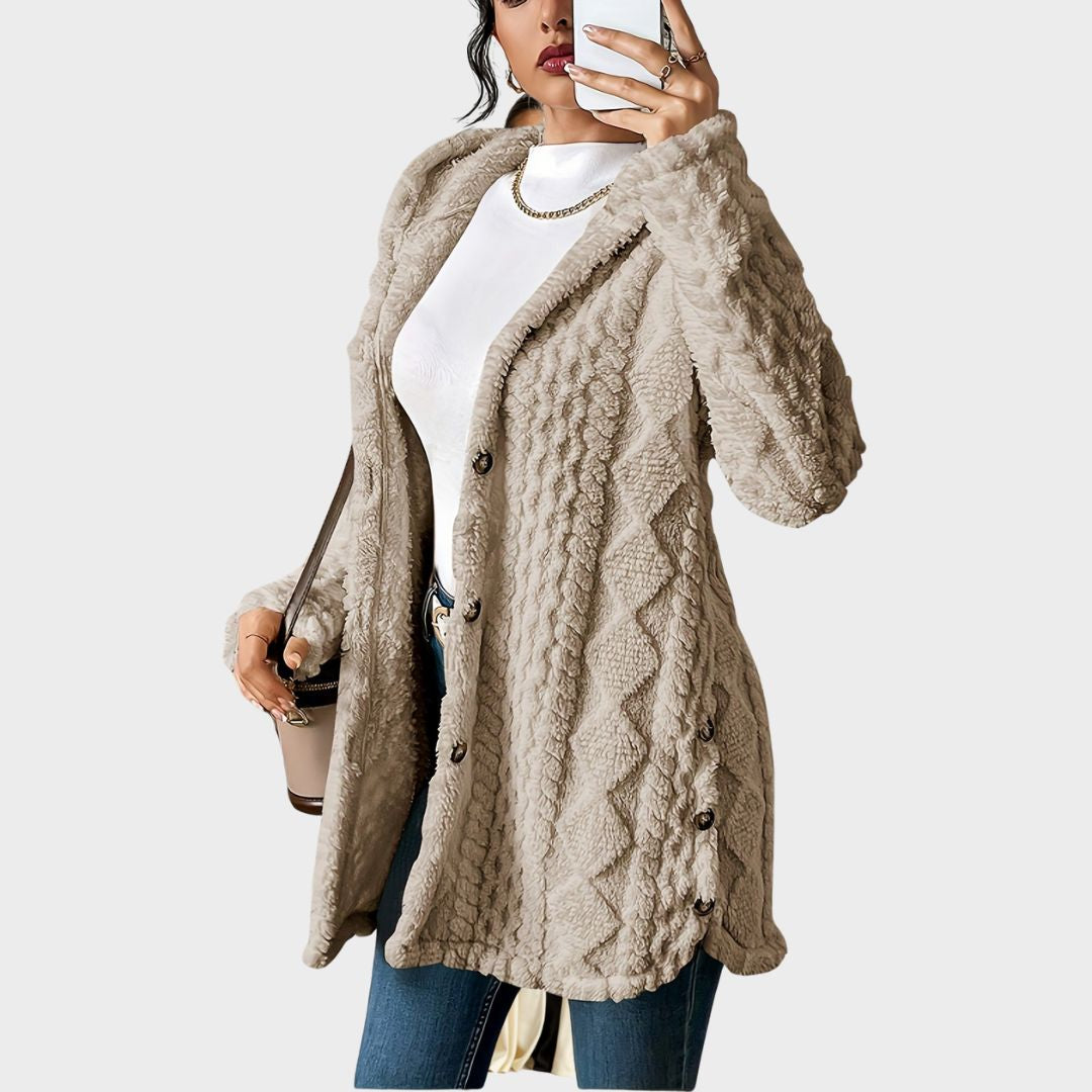 Women's hooded longline cardigan with button-front closure and raised textured surface