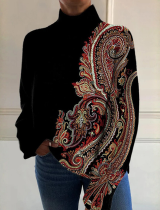 Woman wearing a classic ribbed turtleneck sweater with a relaxed silhouette