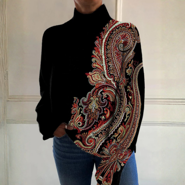 Woman wearing a classic ribbed turtleneck sweater with a relaxed silhouette