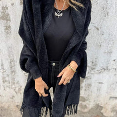 Women's long fringed knit cardigan with plush texture and draping silhouette