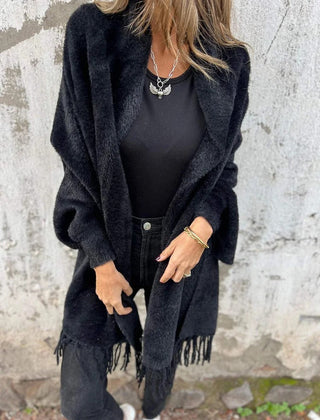 Women's long fringed knit cardigan with plush texture and draping silhouette