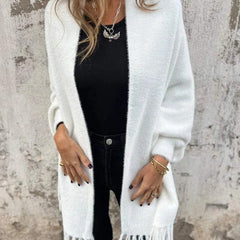 Women's long fringed knit cardigan with plush texture and draping silhouette