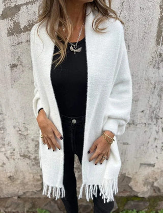 Women's long fringed knit cardigan with plush texture and draping silhouette