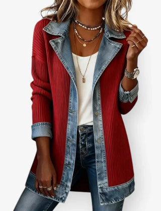 Women's ribbed knit summer jacket with light-wash denim collar, cuffs and hem and a button front
