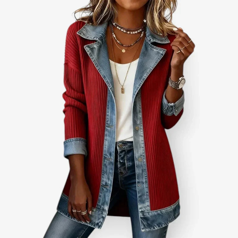 Women's ribbed knit summer jacket with light-wash denim collar, cuffs and hem and a button front