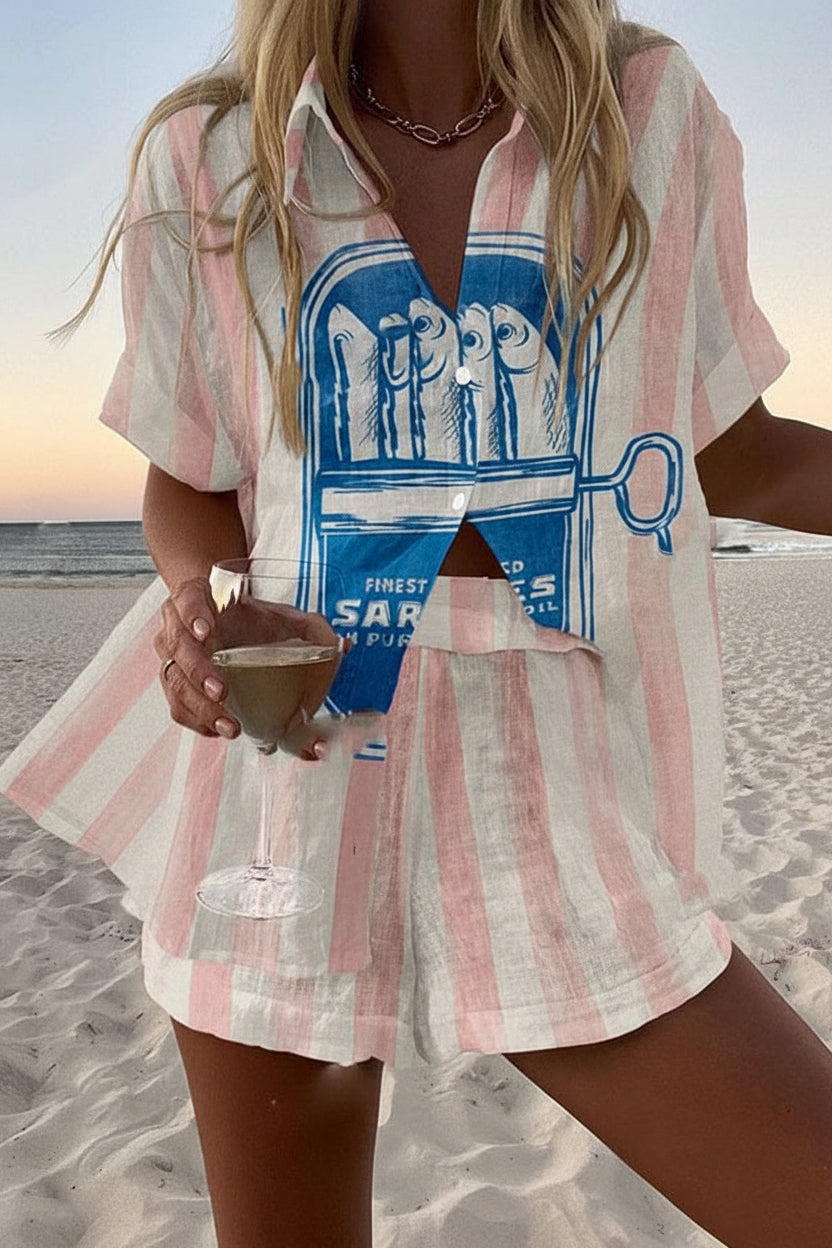 Womens summer coordinated set with pink and white stripes and a blue sardine can print