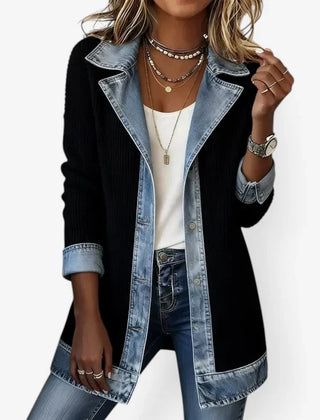 Women's ribbed knit summer jacket with light-wash denim collar, cuffs and hem and a button front